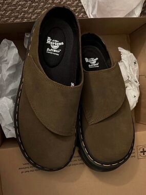Dr. Martens Olive Suede Slip-On Loafers with Yellow Welt Stitching